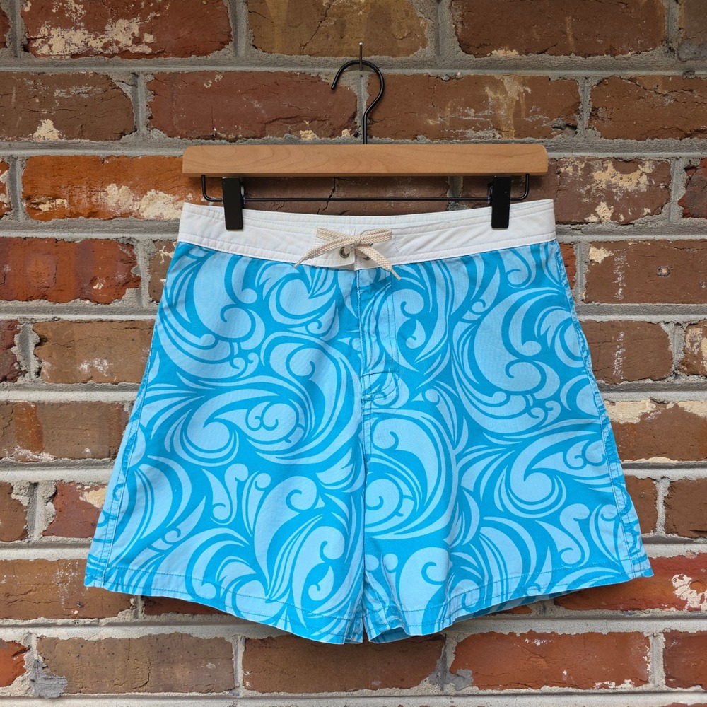 Vintage Y2K Surf Board Shorts Size M Aqua Blue Tropical Tie Waist